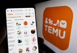 Temu-phoning-showing-product-selection-against-background-with-logo